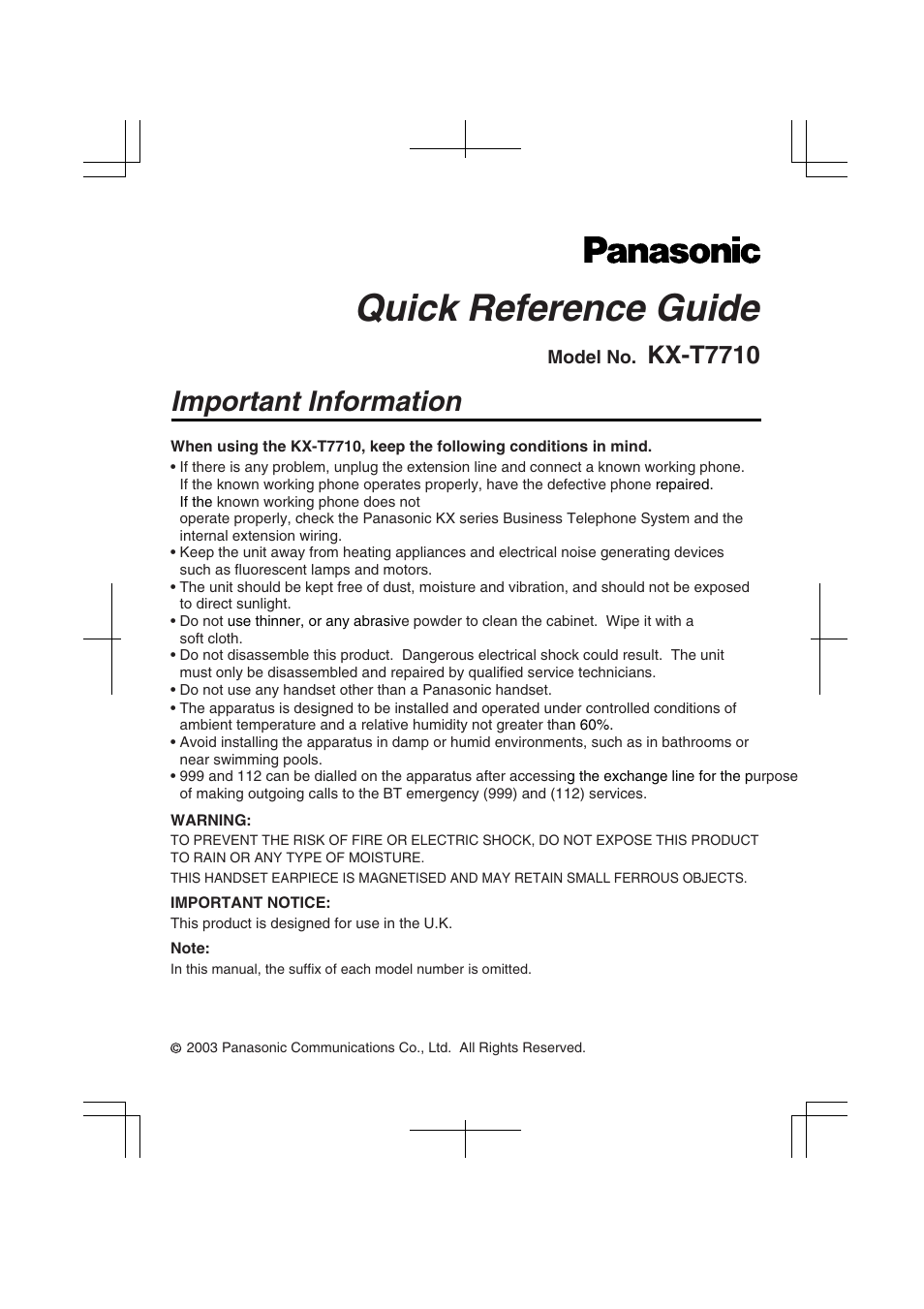 Panasonic KX-T7710  EN User Manual | 6 pages