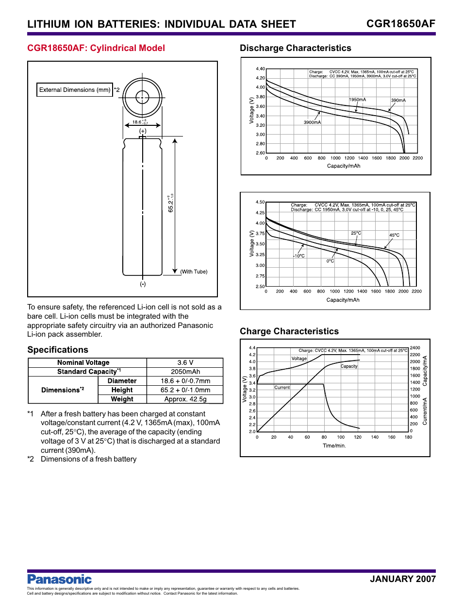 Panasonic CGR18650AF User Manual | 1 page