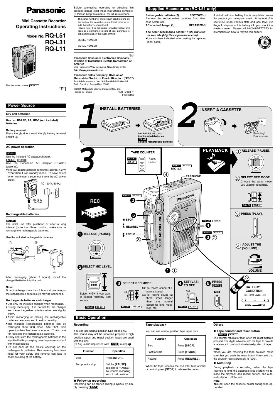 Panasonic RQ-L11 User Manual | 2 pages