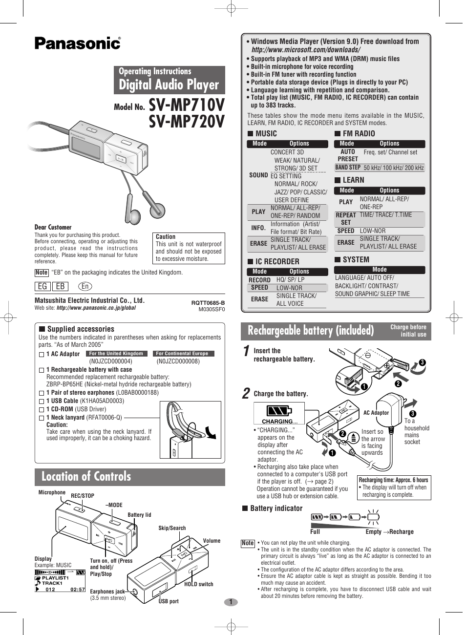 Panasonic SV-MP710SV User Manual | 6 pages
