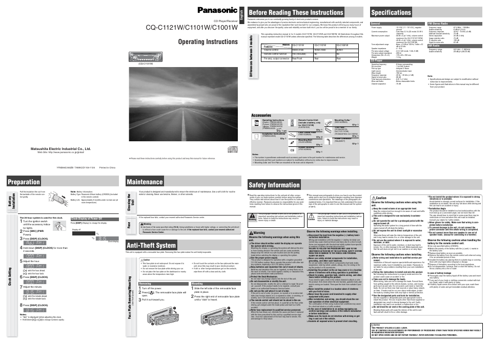 Panasonic CQ-C1121W User Manual | 2 pages