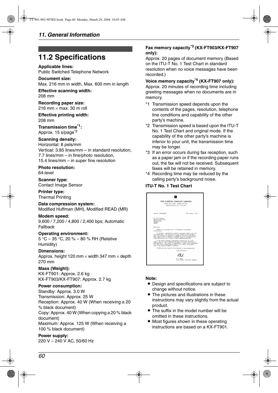 2 specifications, Specifications, 2 specifications | General information 60 | Panasonic KX-FT901BX User Manual | Page 60 / 64