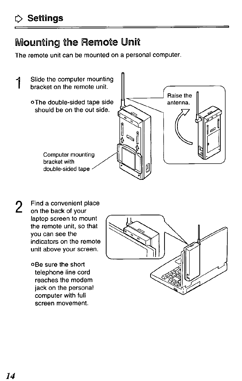 Settings, Mounting the remote unit | Panasonic DATA LINK KX-TCL100-B User Manual | Page 14 / 32