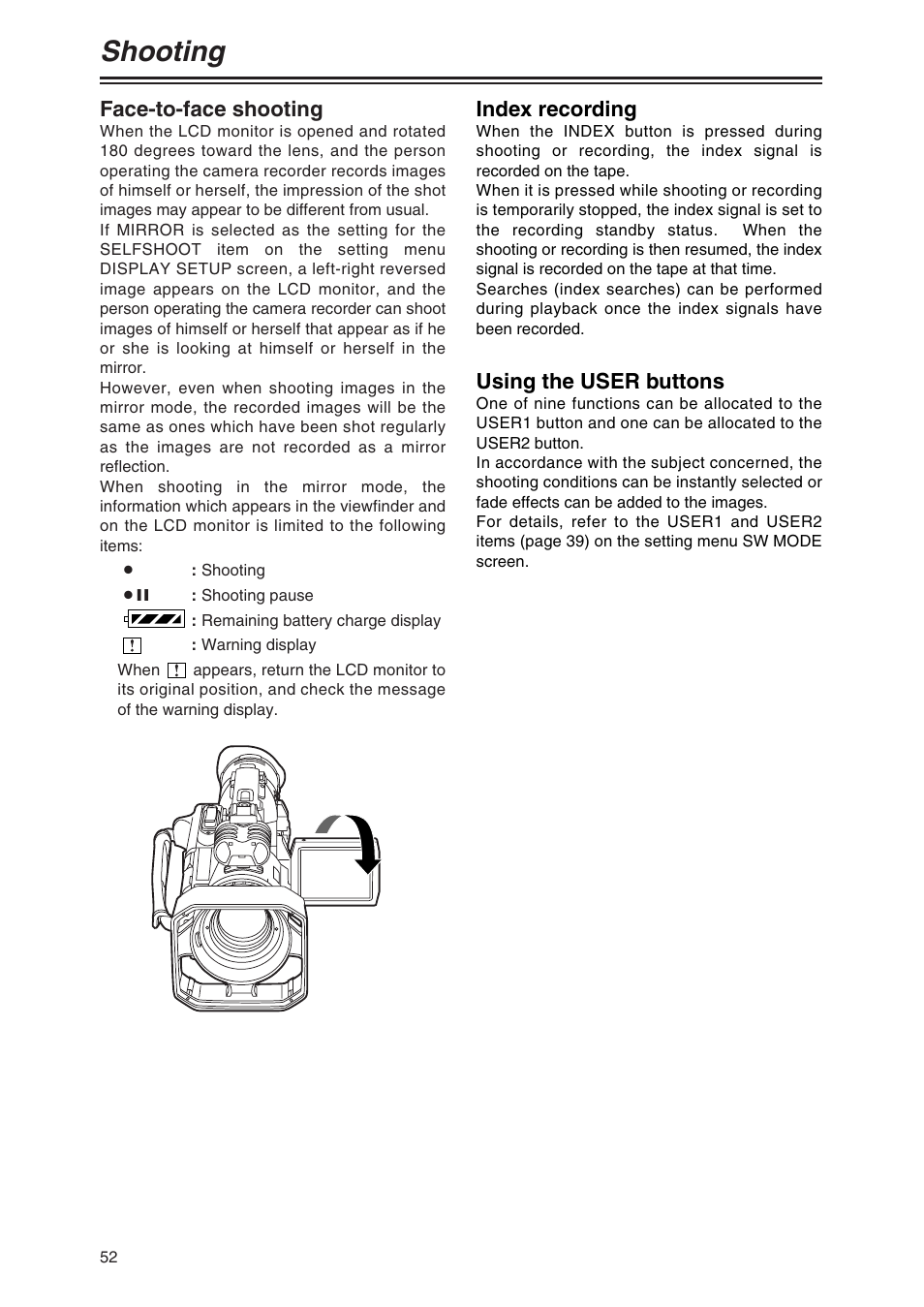 Face-to-face shooting, Index recording, Using the user buttons | Shooting | Panasonic AG-DVC80 User Manual | Page 52 / 62