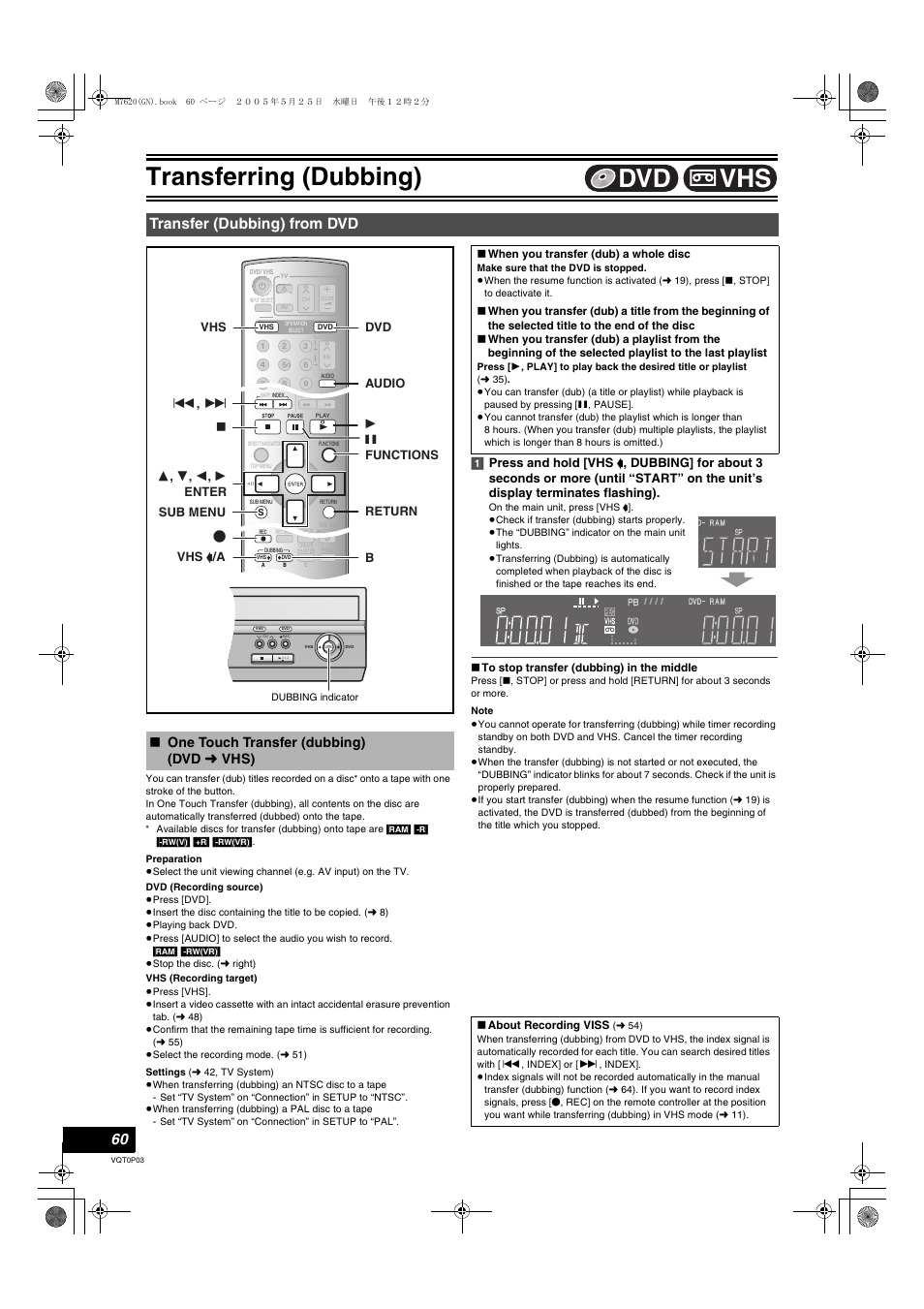 Transfer (dubbing) from dvd, One touch transfer (dubbing) (dvd, L 60) | Transferring (dubbing), Vhs dvd, One touch transfer (dubbing) (dvd l vhs) | Panasonic DIGA DMR-ES30V User Manual | Page 60 / 76