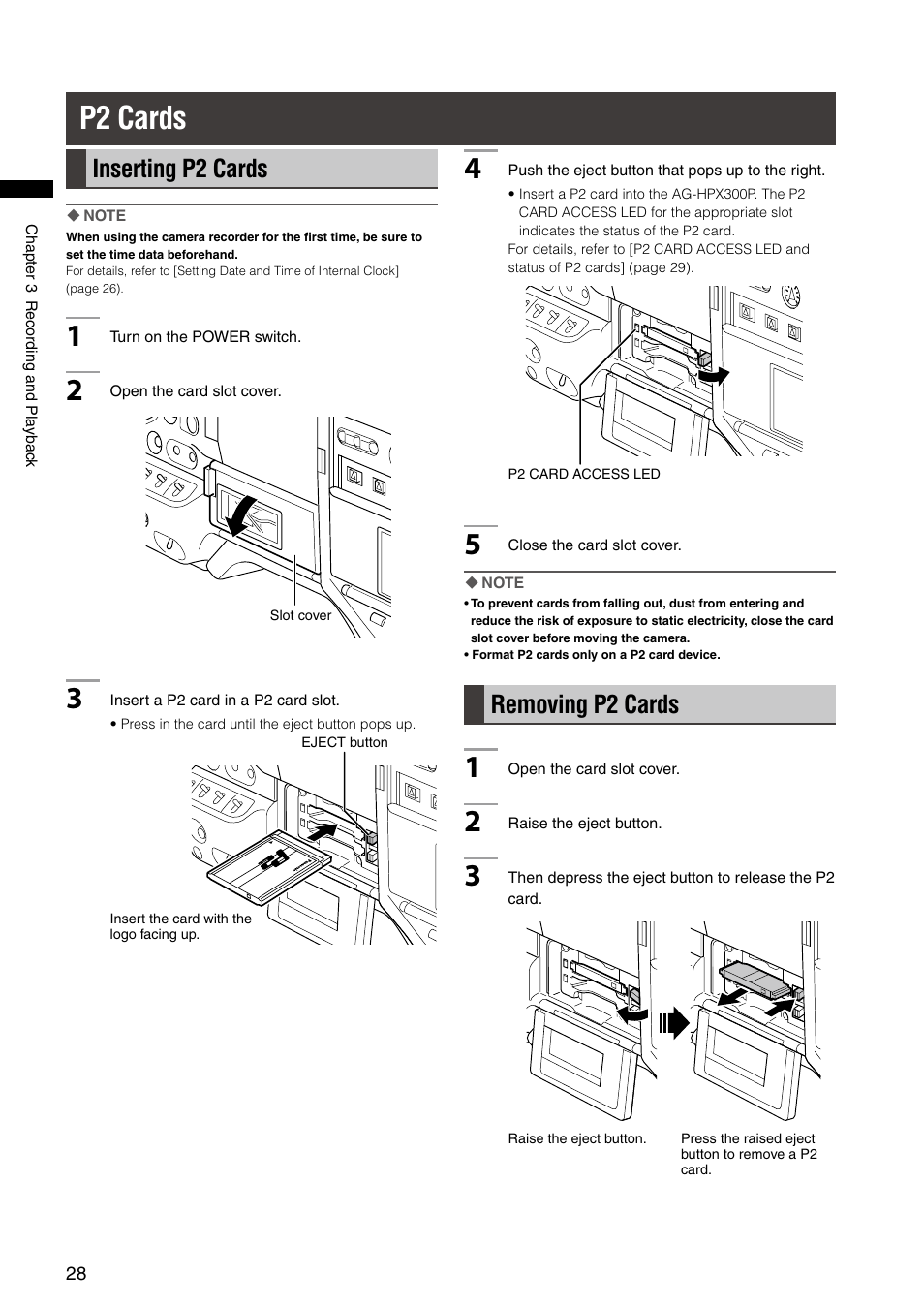 P2 cards, Inserting p2 cards, Removing p2 cards | Inserting p2 cards removing p2 cards | Panasonic AG-HPX300P User Manual | Page 28 / 166