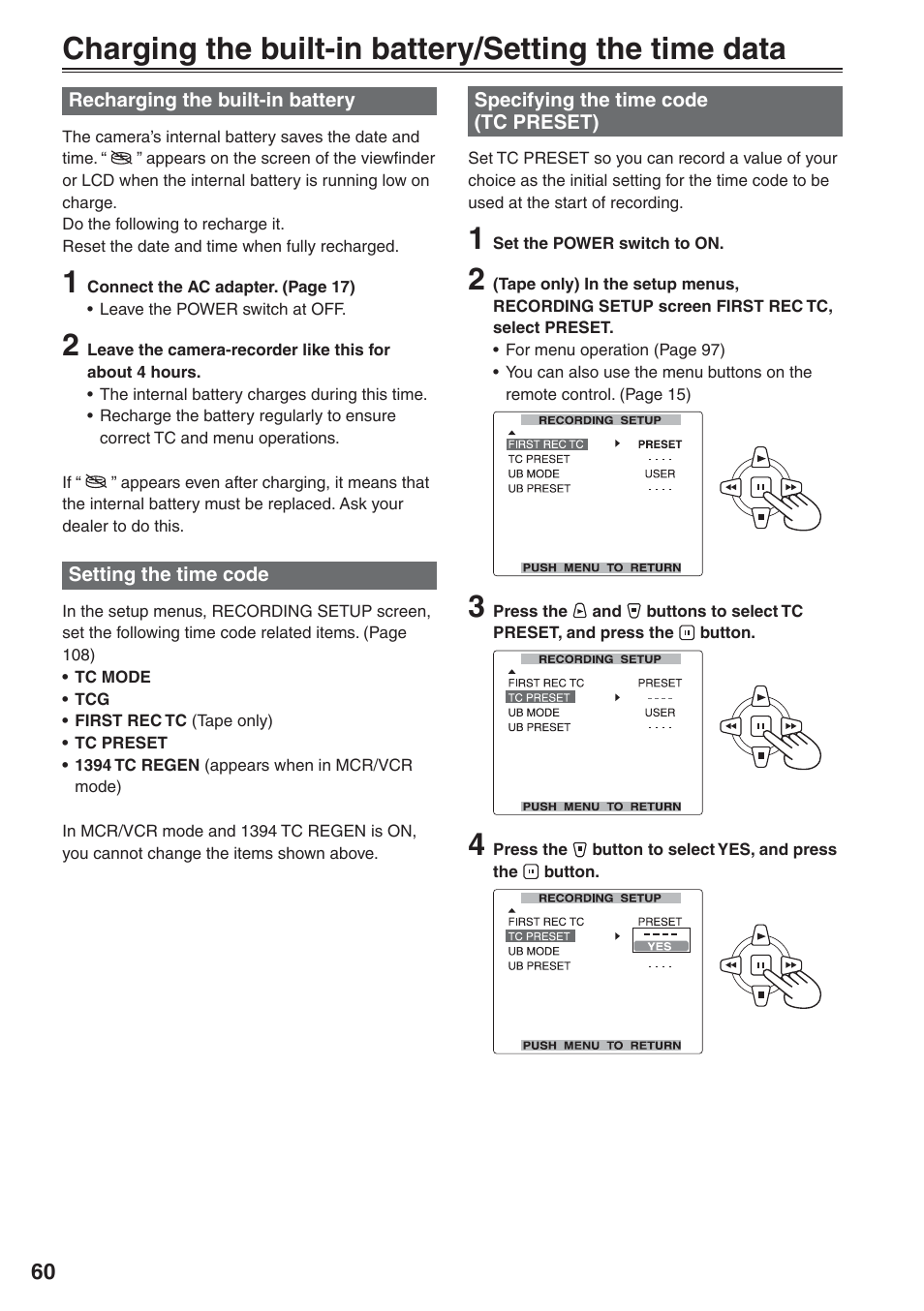 Recharging the built-in battery, Setting the time code, Specifying the time code (tc preset) | Panasonic AG-HVX200 User Manual | Page 60 / 138