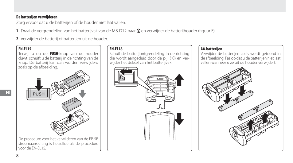 De batterijen verwijderen | Nikon Multi-Power Battery Pack MB-D12 User Manual | Page 102 / 244