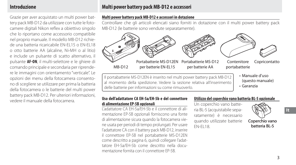 Introduzione, Multi power battery pack mb-d12 e accessori | Nikon Multi-Power Battery Pack MB-D12 User Manual | Page 117 / 244