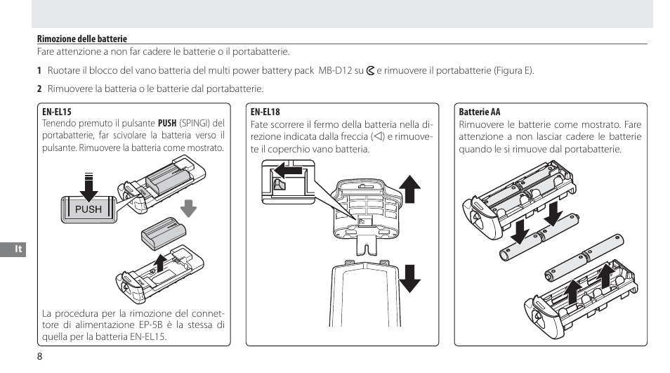 Rimozione delle batterie | Nikon Multi-Power Battery Pack MB-D12 User Manual | Page 122 / 244