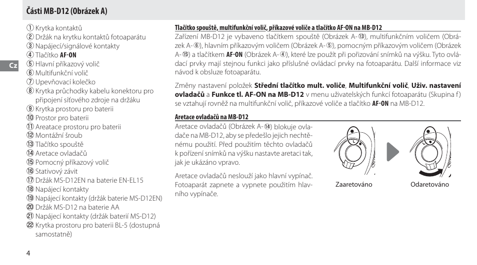 Části mb-d12, Aretace ovladačů na mb-d12, Části mb-d12 (obrázek a) | Nikon Multi-Power Battery Pack MB-D12 User Manual | Page 148 / 244
