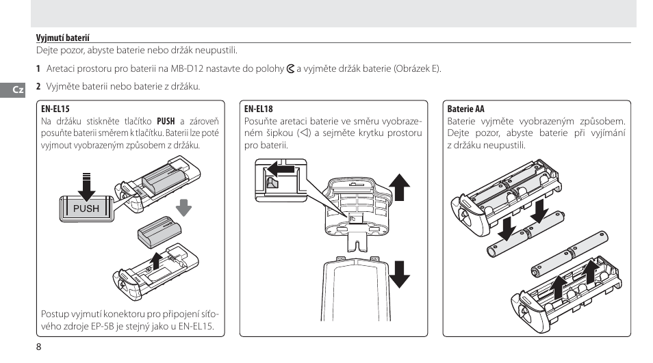 Vyjmutí baterií | Nikon Multi-Power Battery Pack MB-D12 User Manual | Page 152 / 244