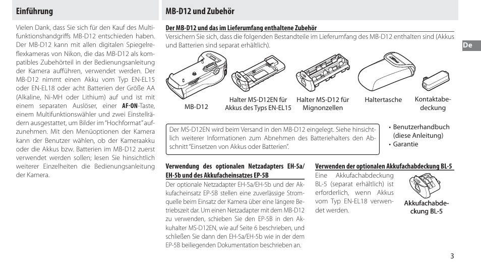 Einführung, Mb-d12 und zubehör, Verwenden der optionalen akkufachabdeckung bl-5 | Einführung mb-d12 und zubehör | Nikon Multi-Power Battery Pack MB-D12 User Manual | Page 17 / 244