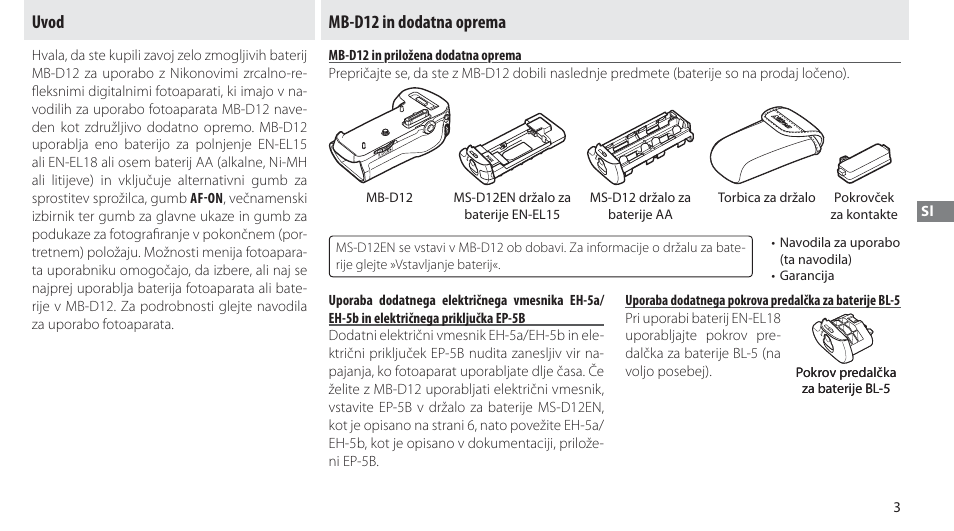 Uvod, Mb-d12 in dodatna oprema, Mb-d12 in priložena dodatna oprema | Uvod mb-d12 in dodatna oprema | Nikon Multi-Power Battery Pack MB-D12 User Manual | Page 177 / 244