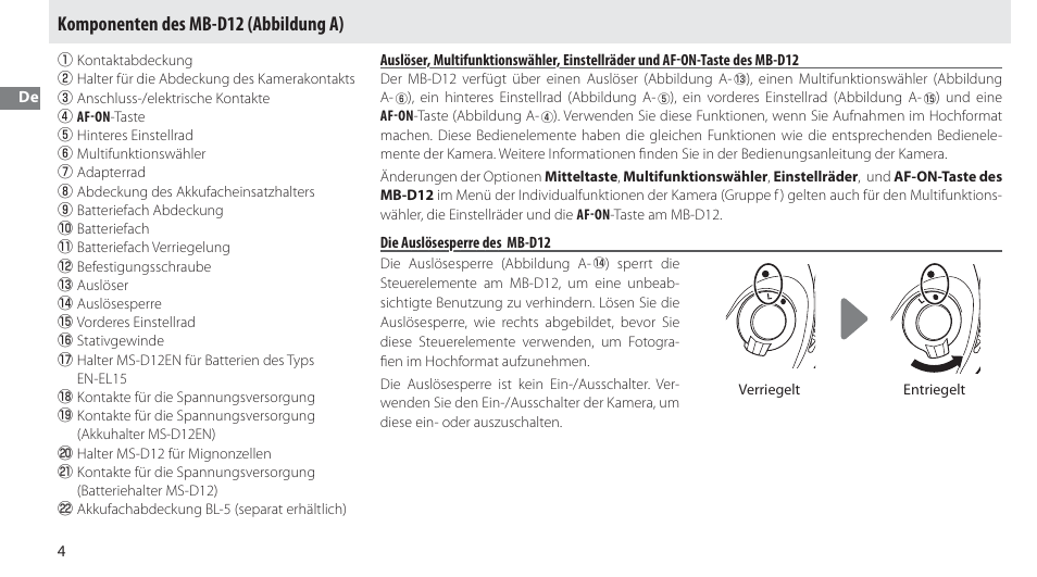 Komponenten des mb-d12, Die auslösesperre des mb-d12, Komponenten des mb-d12 (abbildung a) | Nikon Multi-Power Battery Pack MB-D12 User Manual | Page 18 / 244
