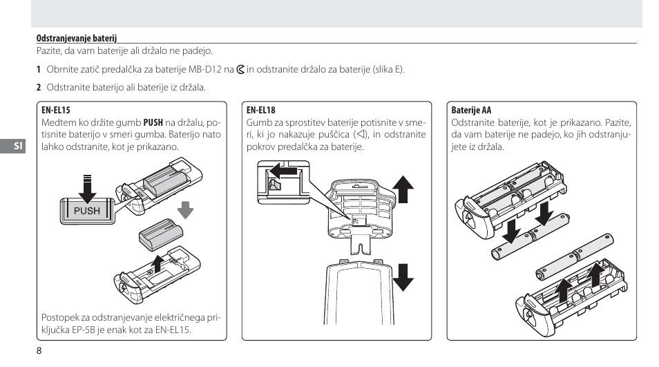 Odstranjevanje baterij | Nikon Multi-Power Battery Pack MB-D12 User Manual | Page 182 / 244