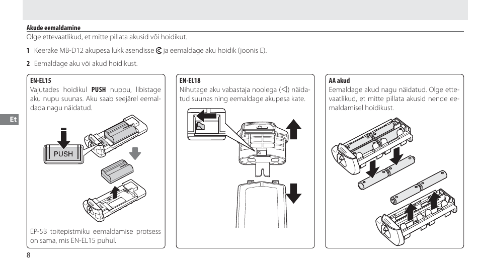 Akude eemaldamine | Nikon Multi-Power Battery Pack MB-D12 User Manual | Page 192 / 244