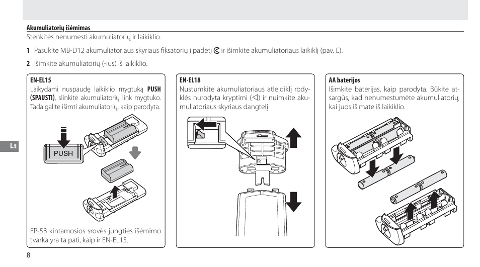 Akumuliatorių išėmimas | Nikon Multi-Power Battery Pack MB-D12 User Manual | Page 212 / 244