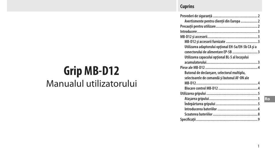 Cuprins, Grip mb-d12, Manualul utilizatorului | Nikon Multi-Power Battery Pack MB-D12 User Manual | Page 225 / 244