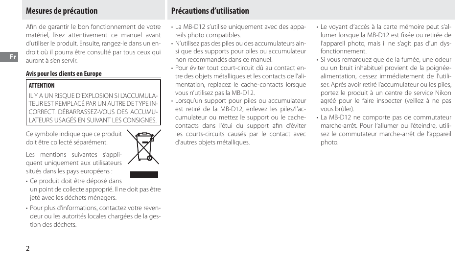 Mesures de précaution, Avis pour les clients en europe, Précautions d’utilisation | Nikon Multi-Power Battery Pack MB-D12 User Manual | Page 26 / 244