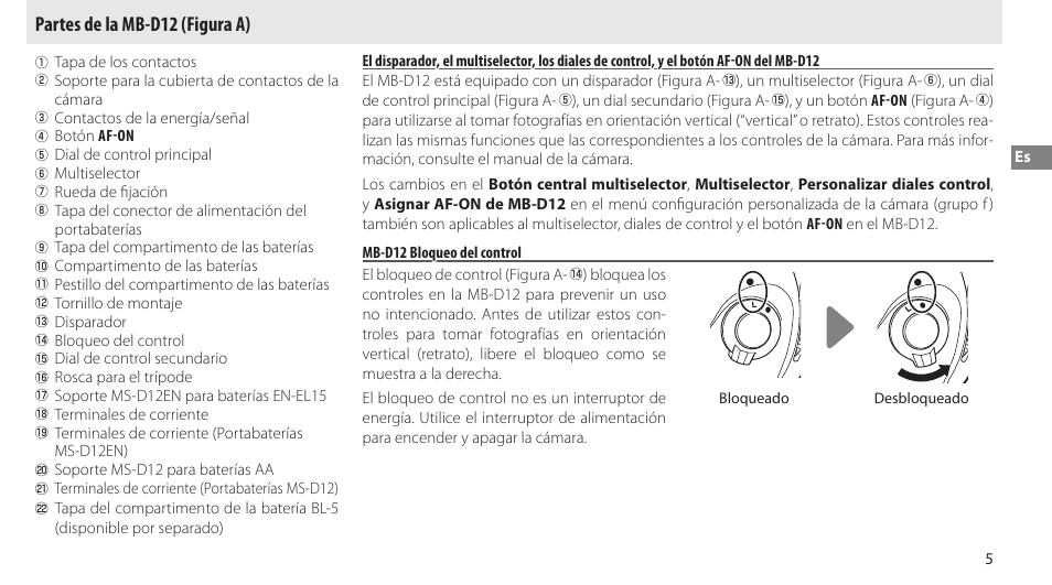 Partes de la mb-d12, Mb-d12 bloqueo del control, Partes de la mb-d12 (figura a) | Nikon Multi-Power Battery Pack MB-D12 User Manual | Page 39 / 244