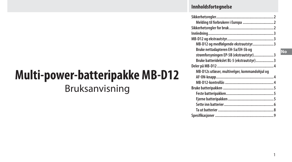 Innholdsfortegnelse, Multi-power-batteripakke mb-d12, Bruksanvisning | Nikon Multi-Power Battery Pack MB-D12 User Manual | Page 45 / 244