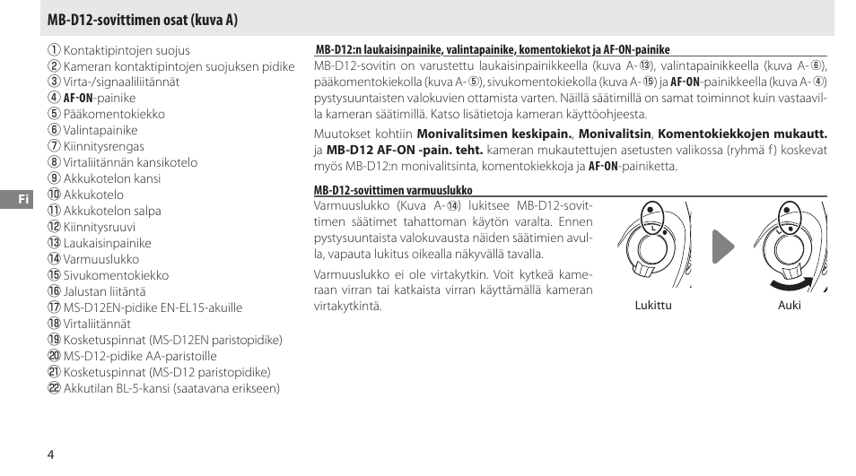 Mb-d12-sovittimen osat, Mb-d12-sovittimen varmuuslukko, Mb-d12-sovittimen osat (kuva a) | Nikon Multi-Power Battery Pack MB-D12 User Manual | Page 68 / 244