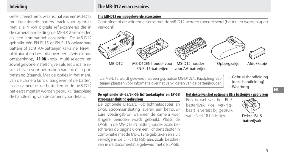 Inleiding, The mb-d12 en accessoires, The mb-d12 en meegeleverde accessoires | Inleiding the mb-d12 en accessoires | Nikon Multi-Power Battery Pack MB-D12 User Manual | Page 97 / 244
