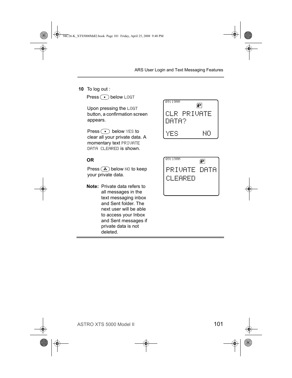 Clr private data? no, Private data cleared | Nikon ASTRO XTS-5000 User Manual | Page 114 / 163