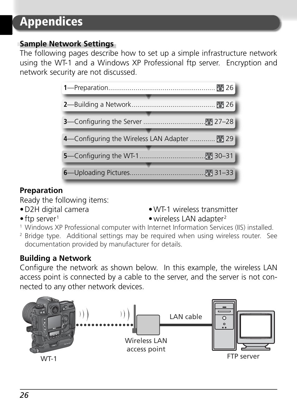 Appendices, Wireless lan adapter, Ftp server | Wt-1 lan cable wireless lan access point | Nikon WT-1 User Manual | Page 33 / 137