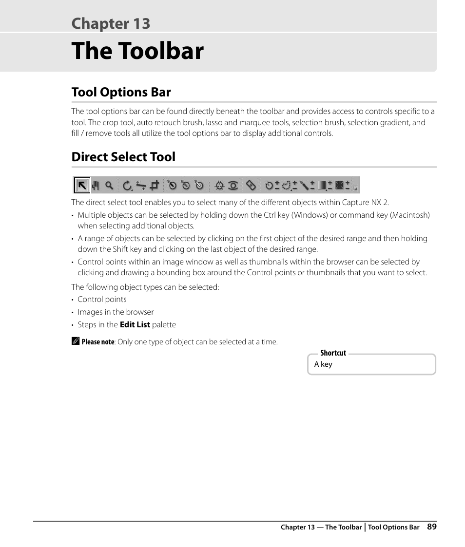 The toolbar, Tool options bar, Direct select tool | Chapter 13 | Nikon CAPTURE NX2 User Manual | Page 91 / 268