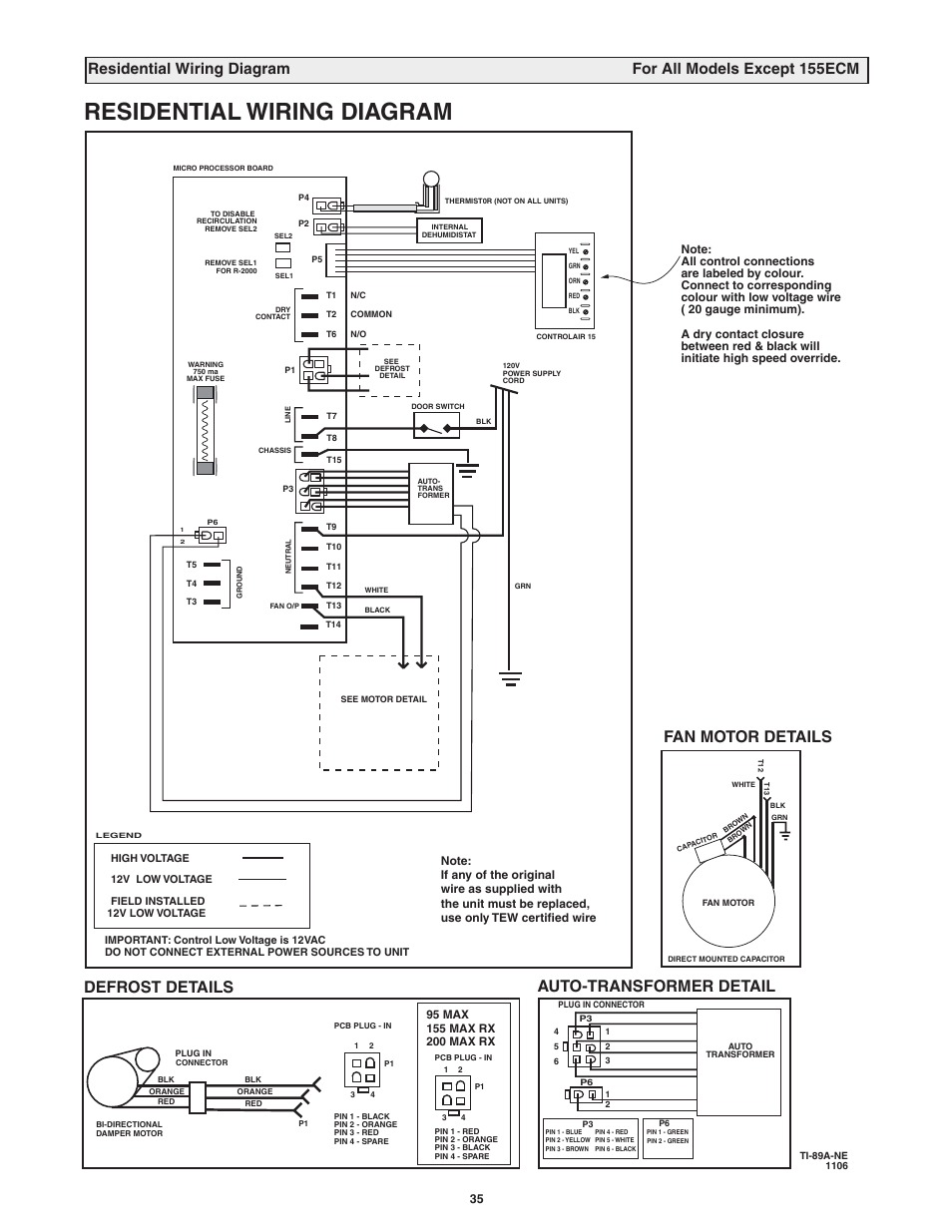Residential wiring diagram, Fan motor details, Auto-transformer detail | Defrost details | Lifebreath MAXTOP User Manual | Page 35 / 36
