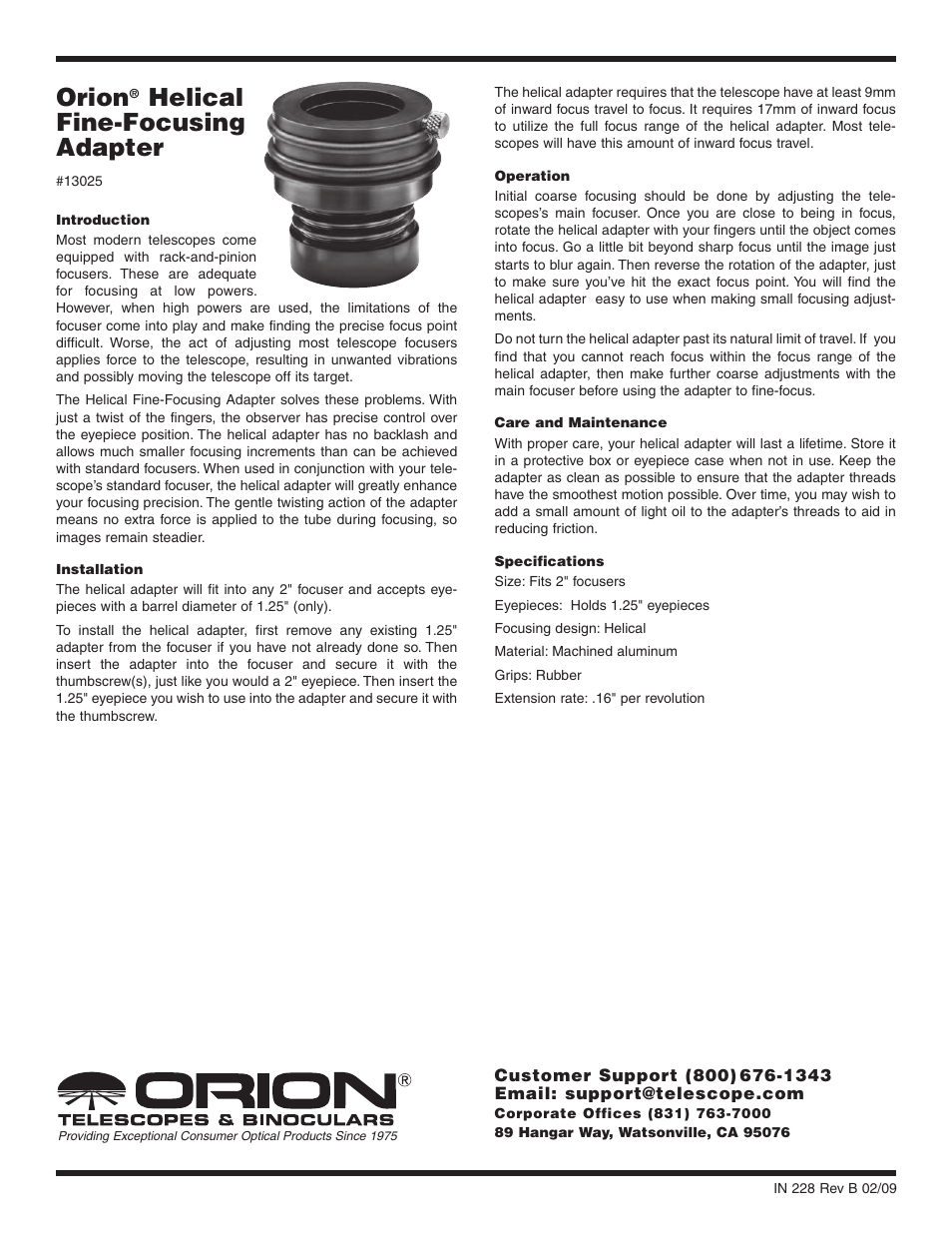 Orion HELICAL FINE-FOCUSING ADAPTER 13025 User Manual | 1 page