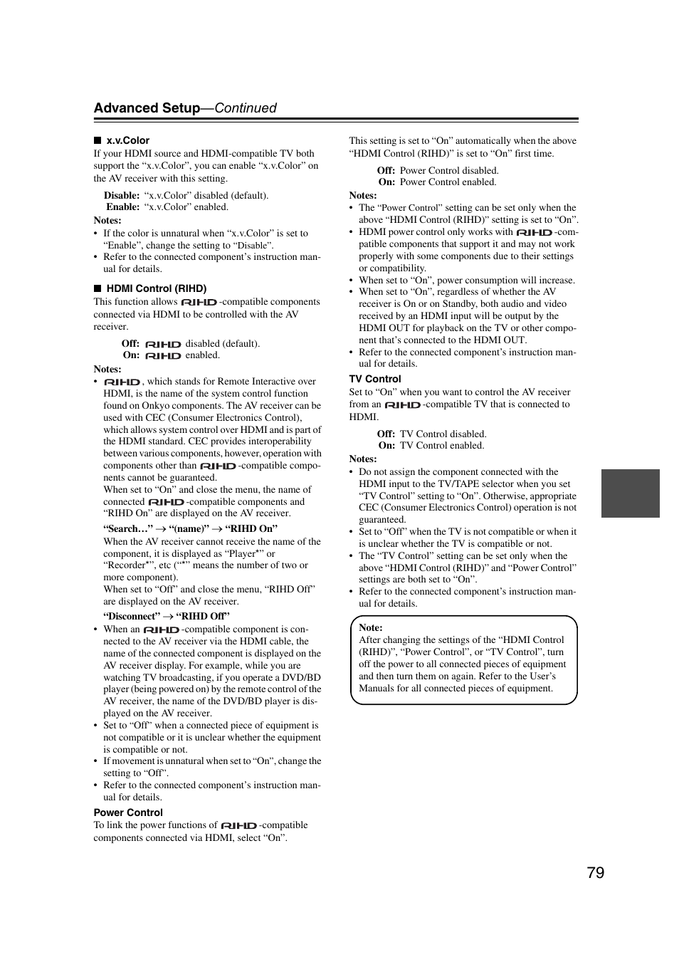 Hdmi control (rihd)” t, Advanced setup —continued | Onkyo HT-RC160 User Manual | Page 79 / 121