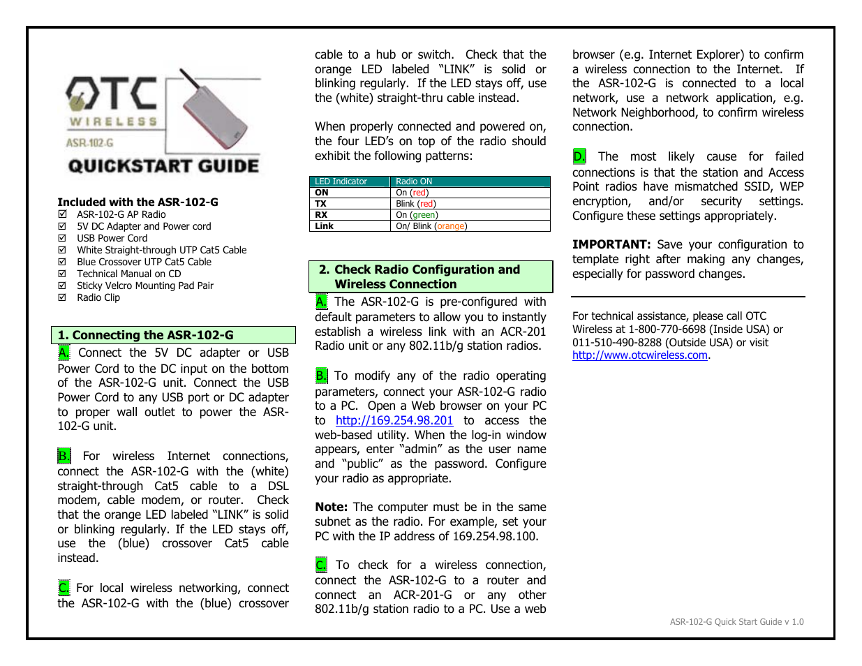 OTC Wireless ASR-102-G User Manual | 1 page