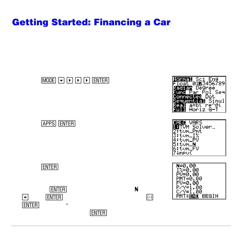 Getting started: financing a car | Texas Instruments TI-83 PLUS User Manual | Page 443 / 827