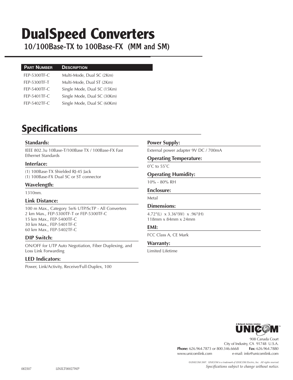 UNICOM Electric FEP-5300TF-T User Manual | 1 page