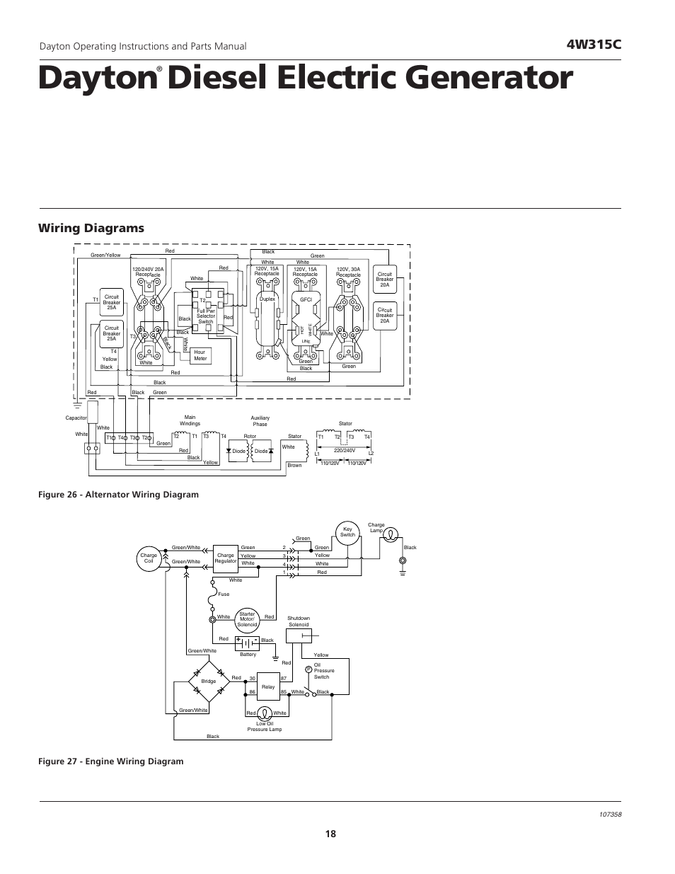 Dayton diesel electric generator, 4w315c, Wiring diagrams | Dayton operating instructions and parts manual 18, Figure 26 - alternator wiring diagram, Figure 27 - engine wiring diagram | VDO Dayton 4W315C User Manual | Page 18 / 28