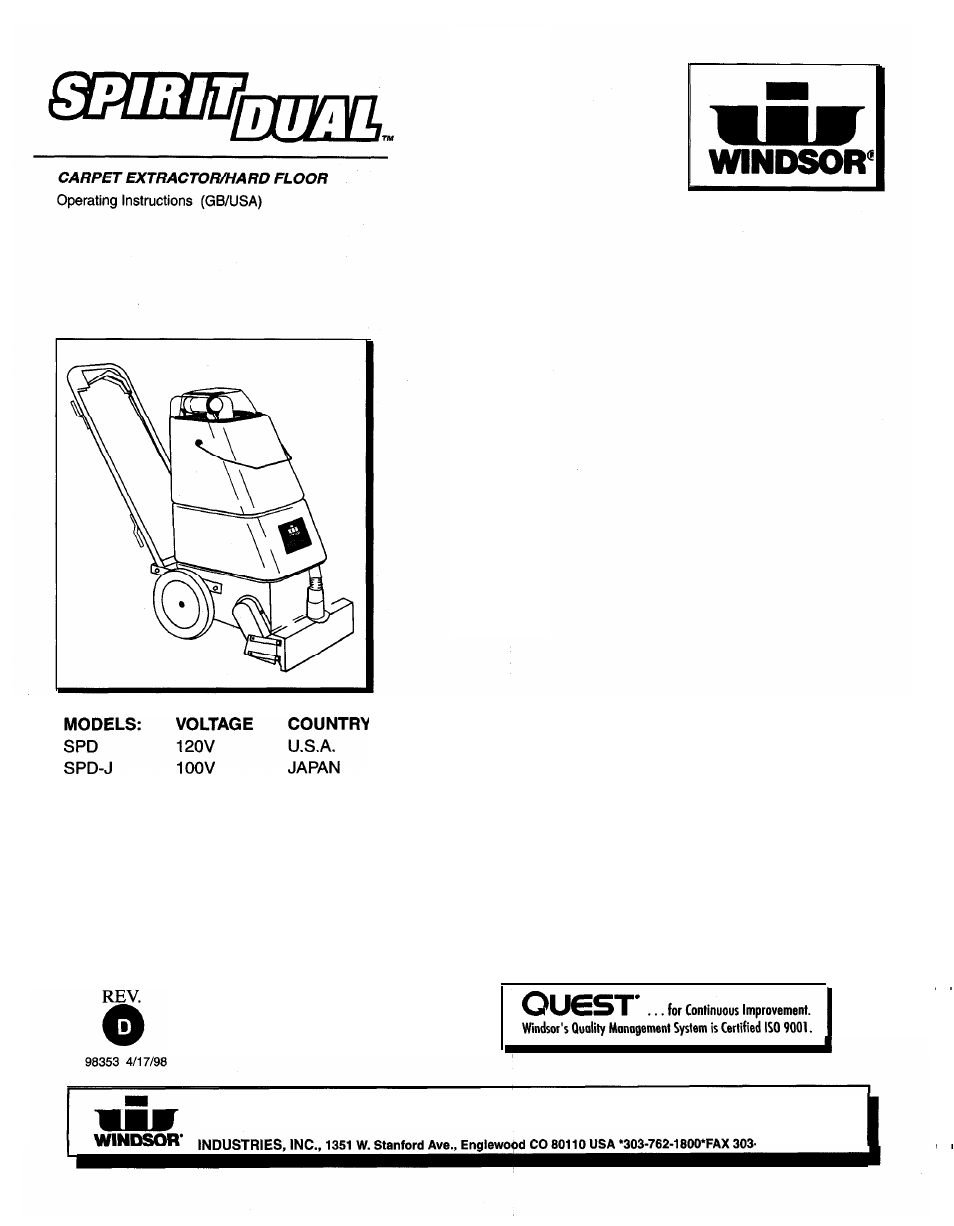 Windsor SPIRIT DUAL SPD-J User Manual | 26 pages
