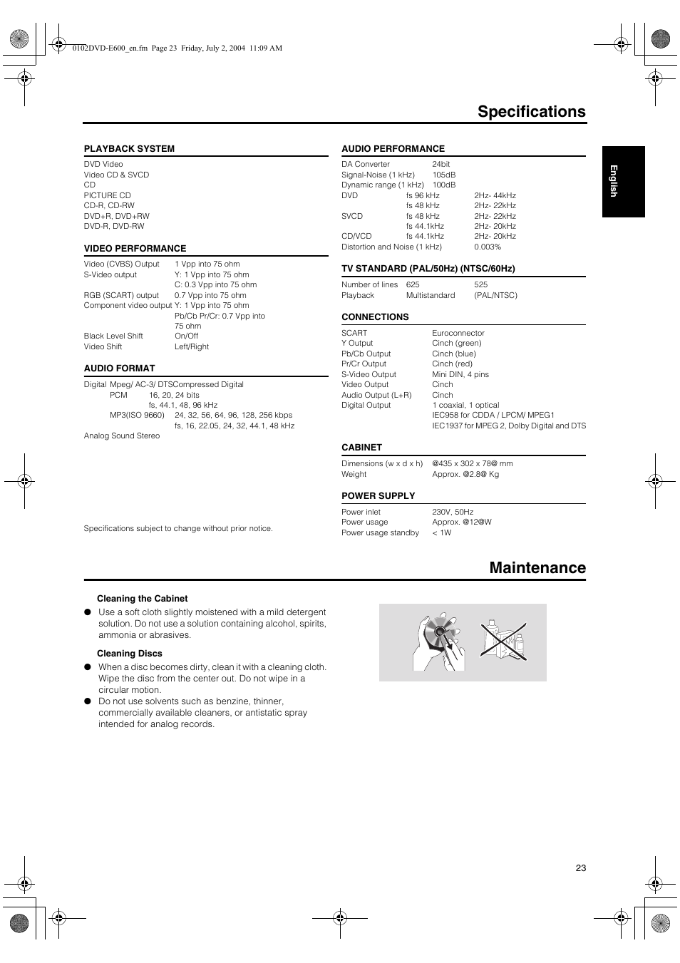 Maintenance, Specifications | Yamaha PIANO CRAFT DVD-E600 User Manual | Page 27 / 30
