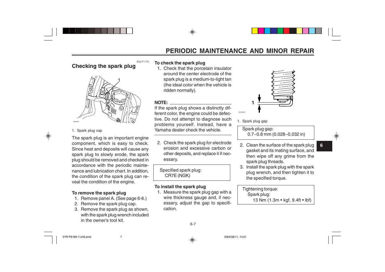 Checking the spark plug, Periodic maintenance and minor repair | Yamaha YJ125T User Manual | Page 41 / 76