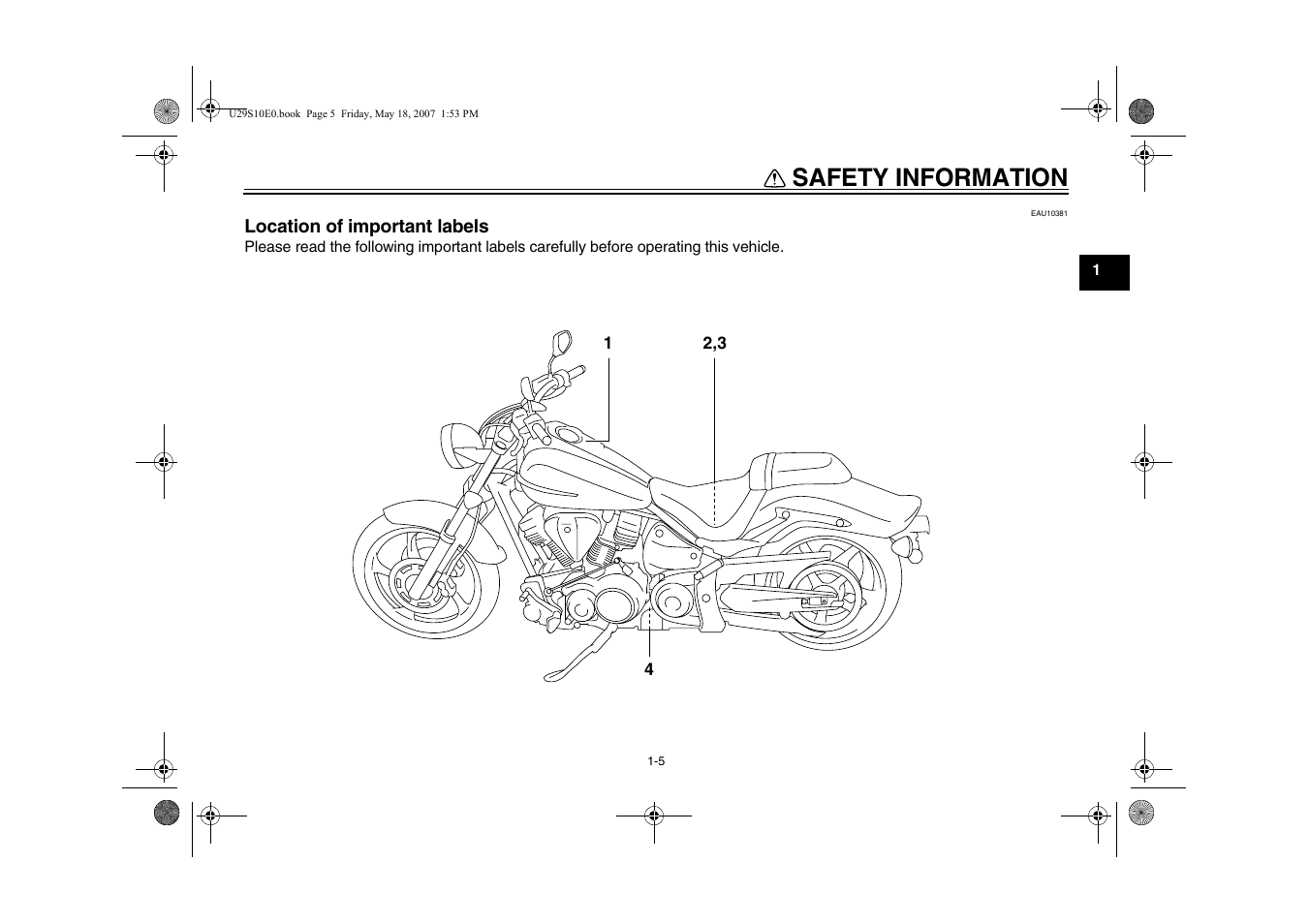 Location of important labels, Location of important labels -5, Safety information | Yamaha STAR XV19CX(C) User Manual | Page 13 / 96