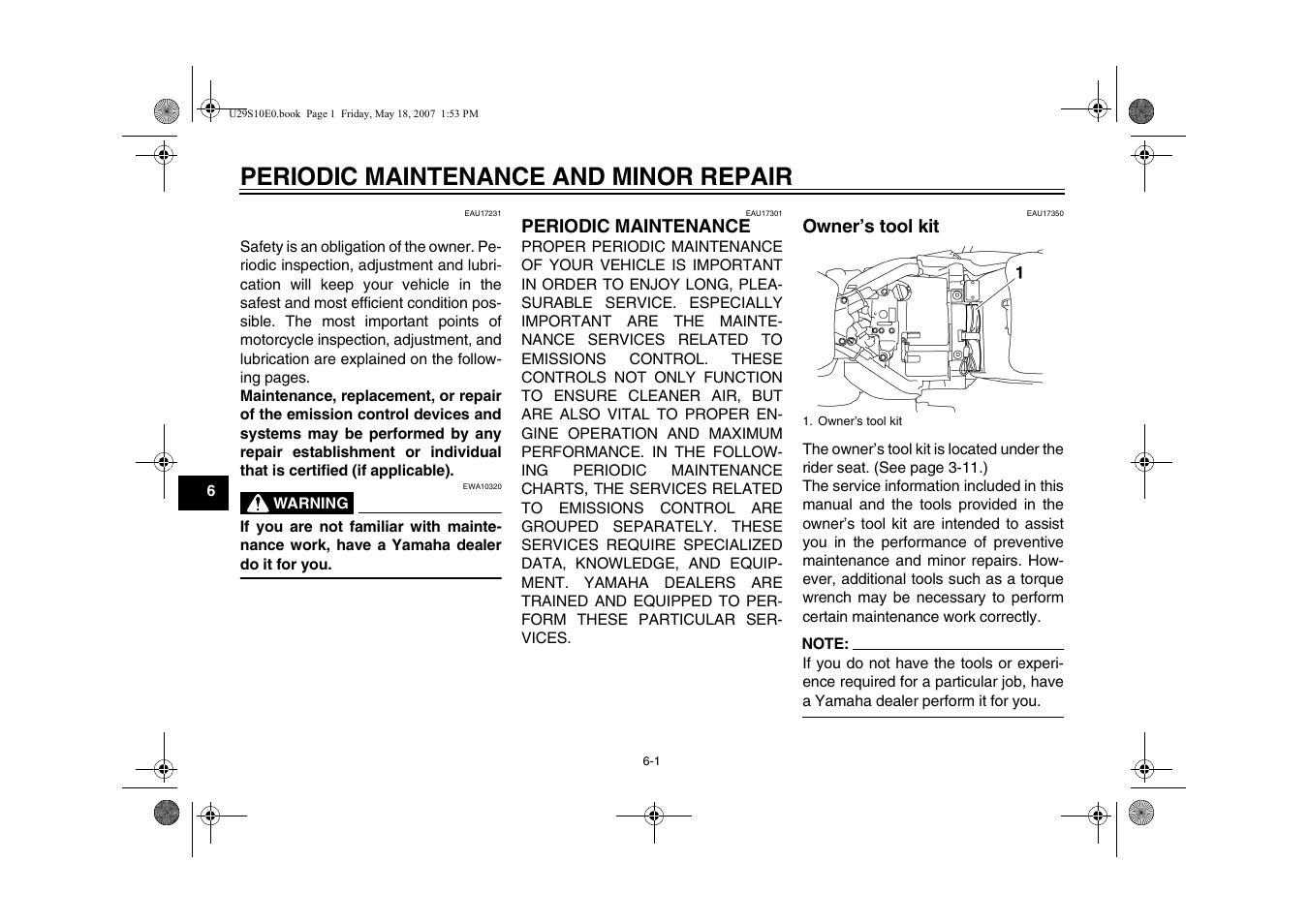 Periodic maintenance and minor repair, Periodic maintenance -1 owner’s tool kit -1 | Yamaha STAR XV19CX(C) User Manual | Page 42 / 96