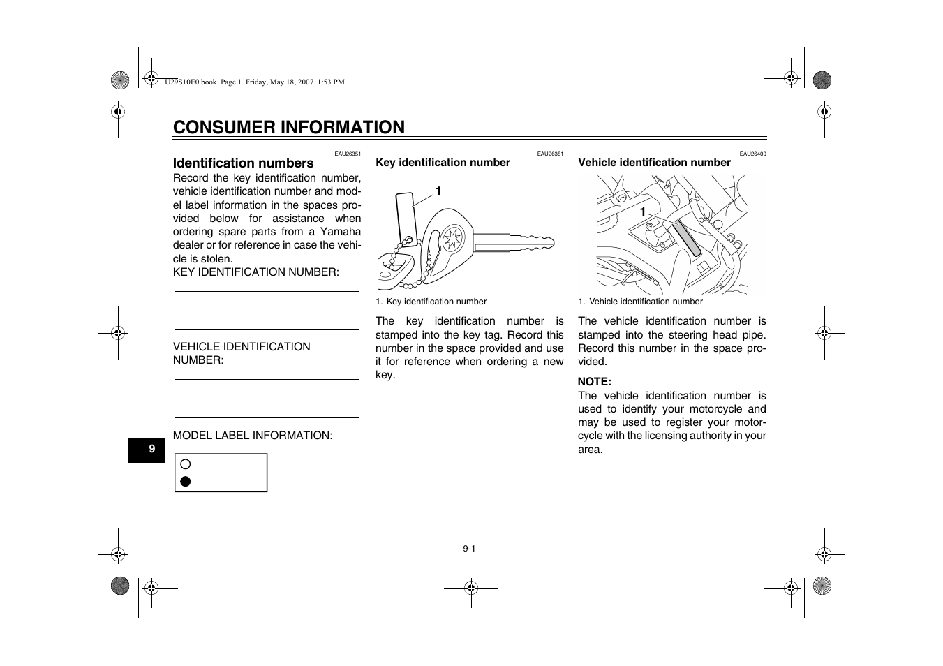 Consumer information, Identification numbers -1 | Yamaha STAR XV19CX(C) User Manual | Page 82 / 96