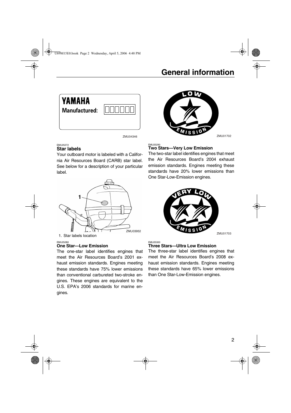 Star labels, General information, Manufactured | Yamaha F25 User Manual | Page 7 / 66