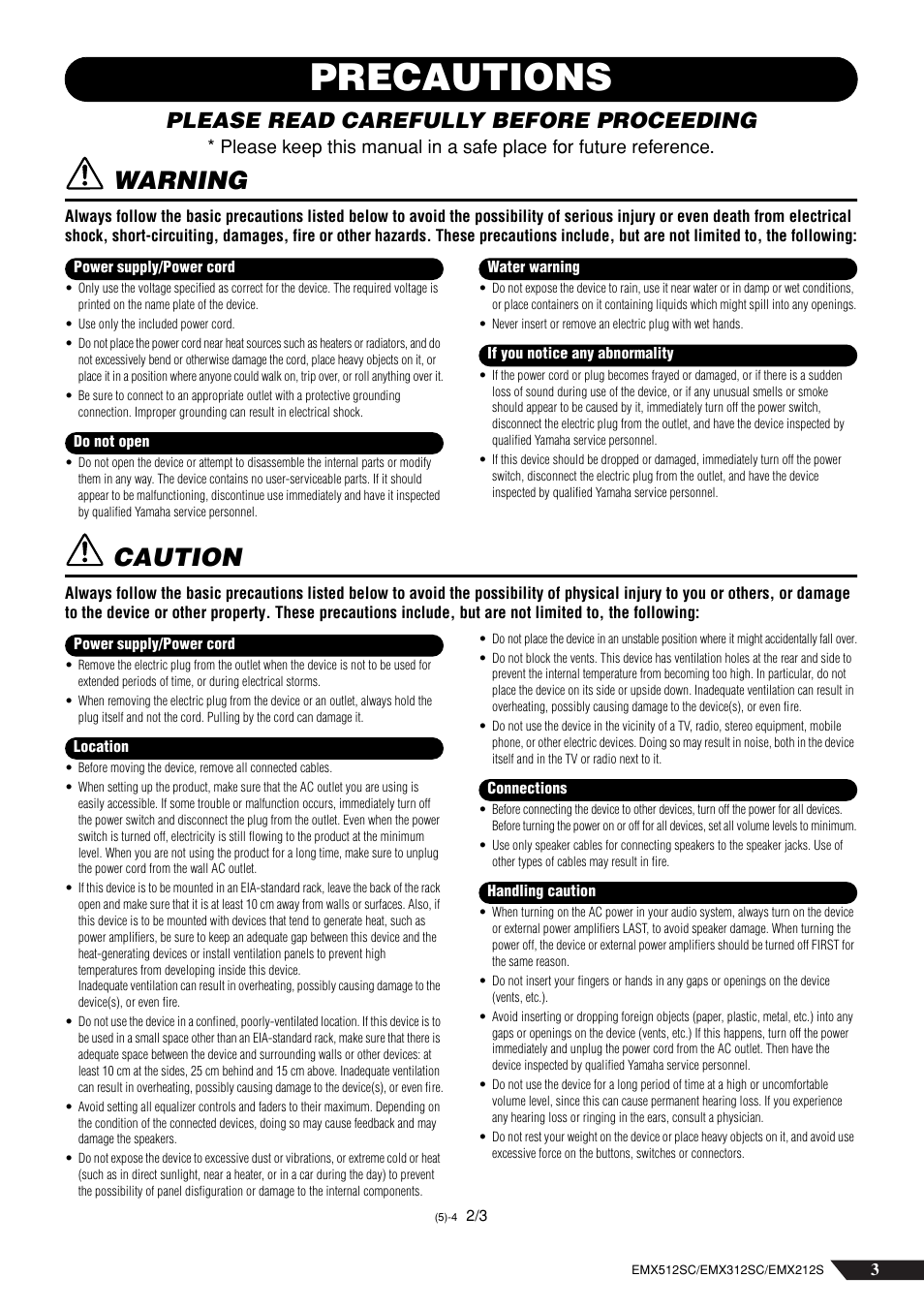 Precautions, Warning, Caution | Please read carefully before proceeding | Yamaha EMX212S User Manual | Page 3 / 36