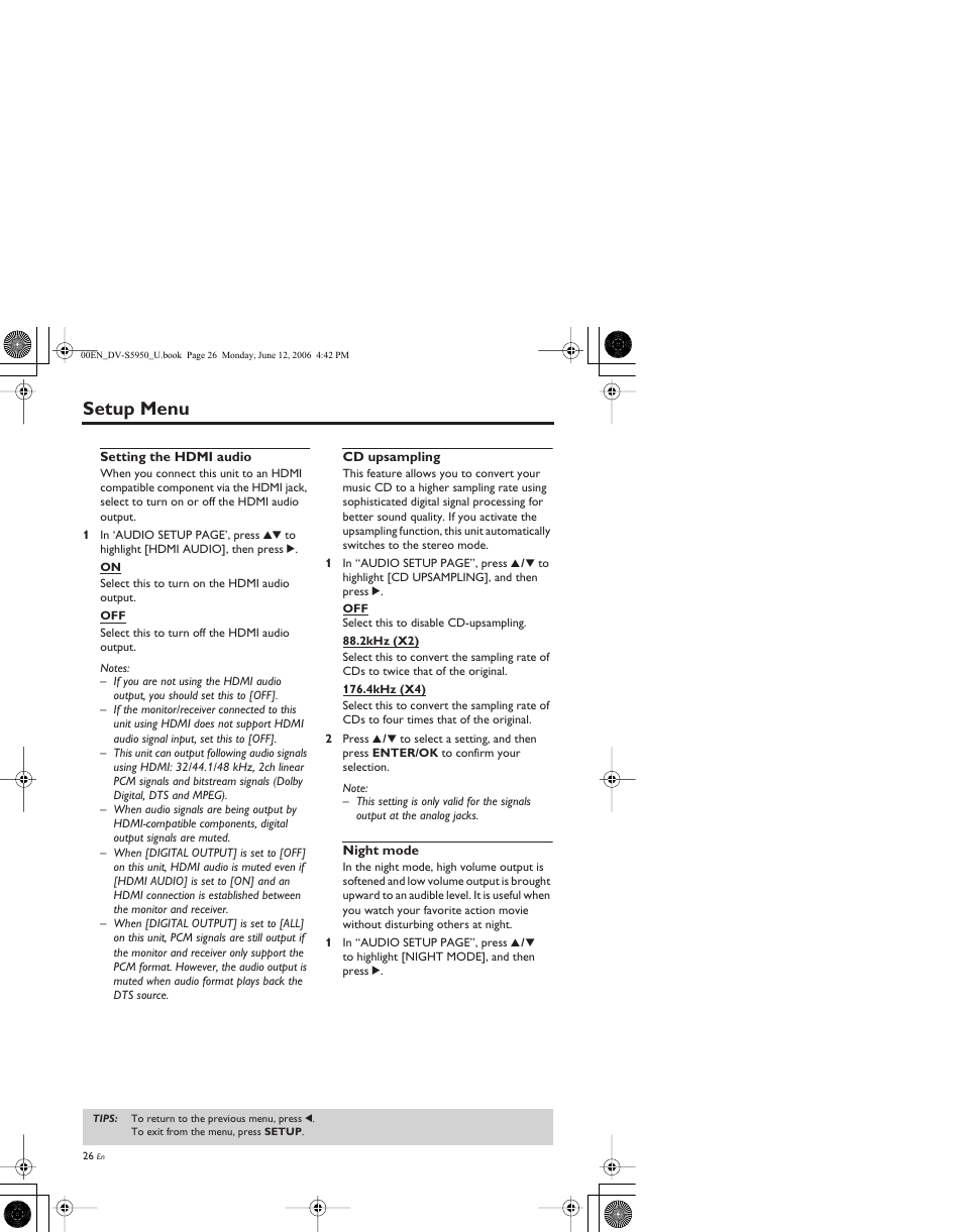 Setting the hdmi audio, Cd upsampling, Night mode | Setup menu | Yamaha DV-S5950 User Manual | Page 30 / 47