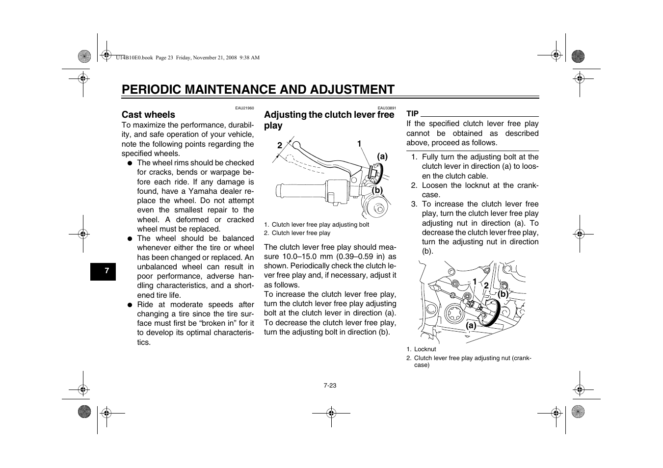 Cast wheels -23 adjusting the clutch lever free, Play -23, Periodic maintenance and adjustment | Yamaha YZFR1Y(C) User Manual | Page 78 / 122