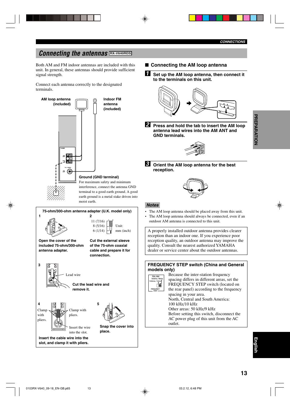 Connecting the antennas, Connecting the am loop antenna | Yamaha RX-V640RDS  EN User Manual | Page 15 / 67