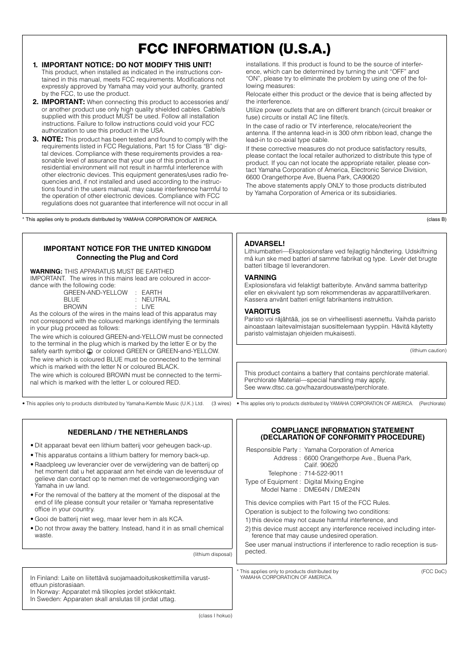 Fcc information (u.s.a.) | Yamaha 1009MWTO-F0 User Manual | Page 3 / 80